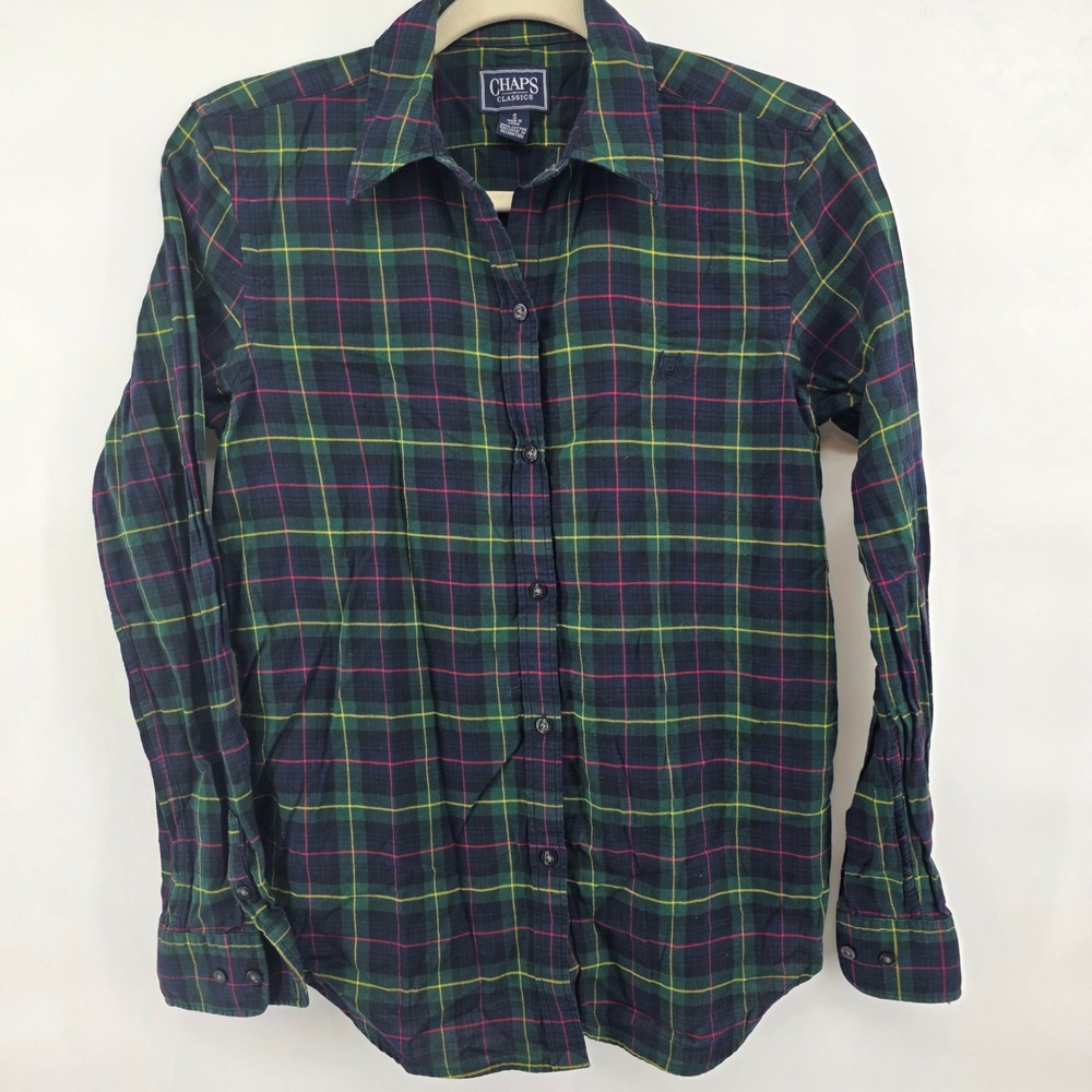Chaps Classics Plaid Flannel Button Down Shirt Women Small Green Navy Red Yellow